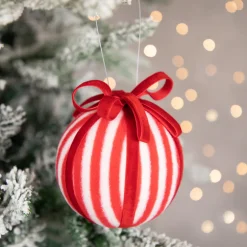 Red and White Striped Candy Cane Christmas Ball Ornament 4" (100mm)