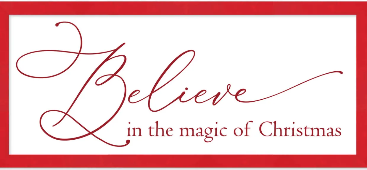 Red Believe in the Magic of Christmas 11.5" x 25.5" Framed Christmas Wall Decor Sign Poster in a Red Wooden Frame with UV Acrylic and Hangers