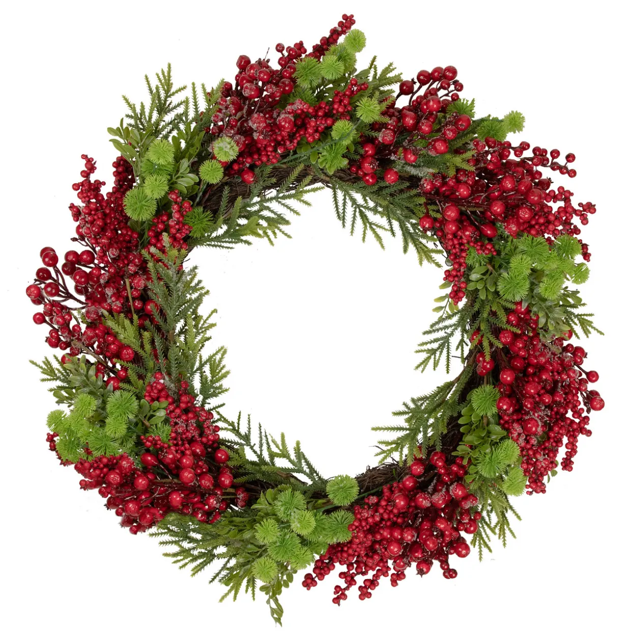 Red Berry and Frosted Pine Christmas Wreath, 28-Inch, Unlit