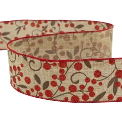 Red Berry Burlap Style Wired Craft Christmas Ribbon 2.5