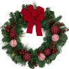 Red Bow and Mixed Foliage Artificial Christmas Wreath with Ornaments, 30-Inch