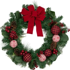Red Bow and Mixed Foliage Artificial Christmas Wreath with Ornaments, 30-Inch