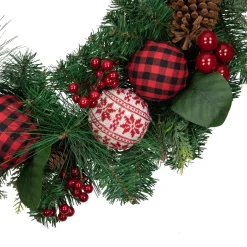 Red Bow and Mixed Foliage Artificial Christmas Wreath with Ornaments, 30-Inch