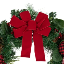 Red Bow and Mixed Foliage Artificial Christmas Wreath with Ornaments, 30-Inch