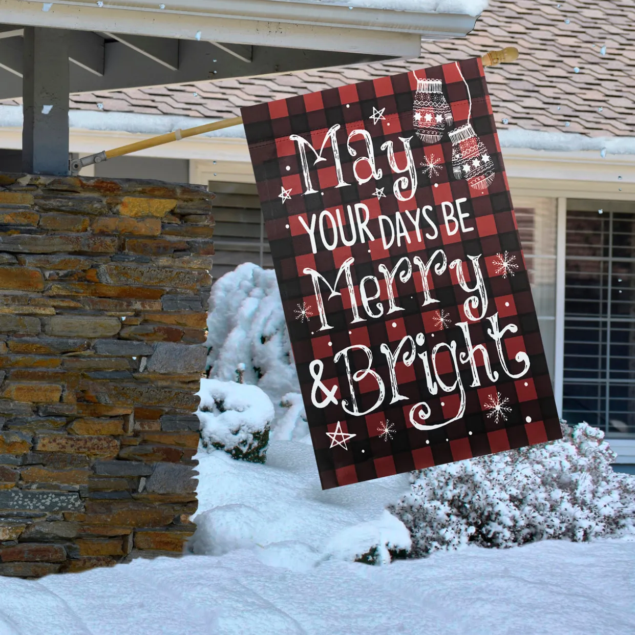 Red Buffalo Plaid Merry and Bright Christmas House Flag 28" x 40"