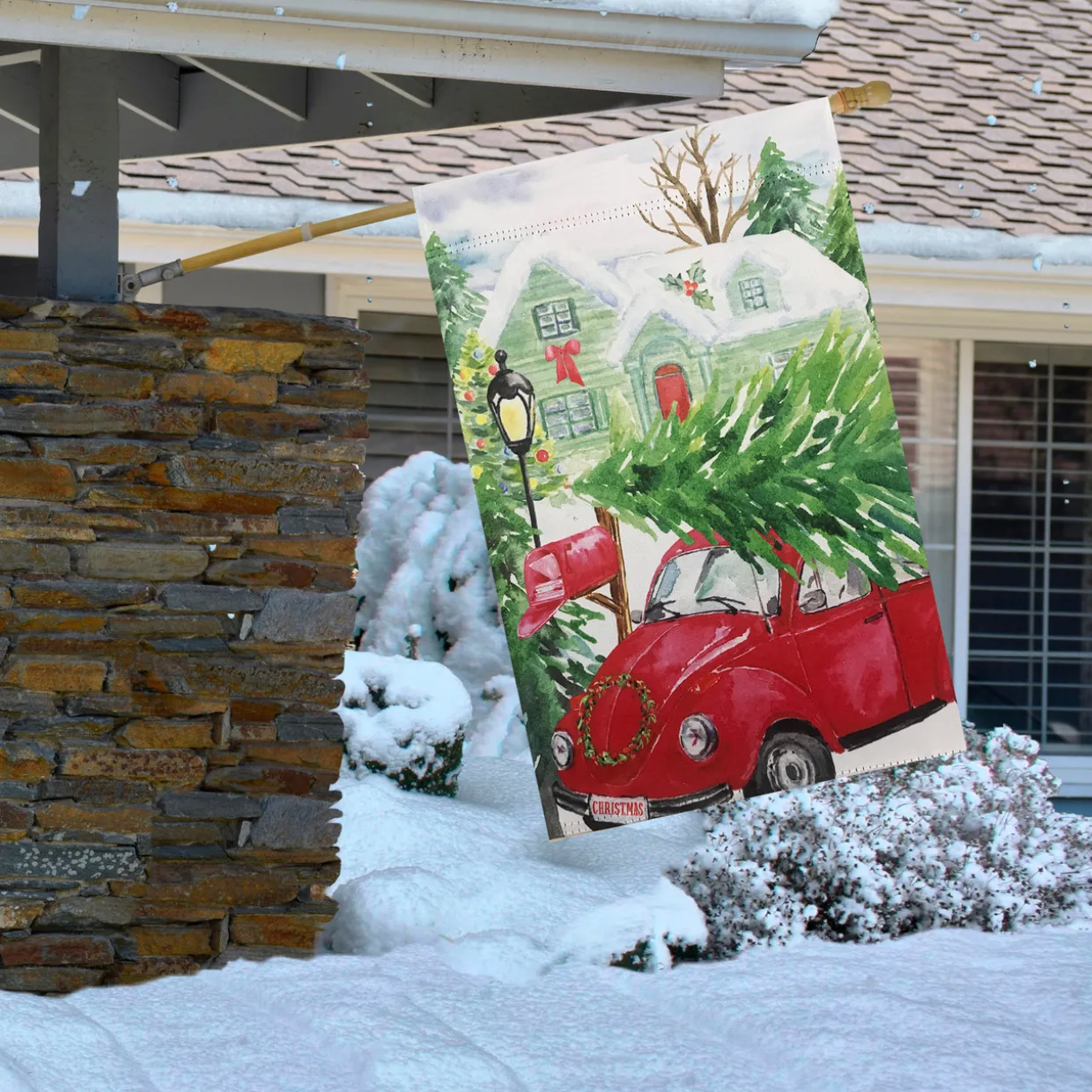 Red Car and Christmas Tree Outdoor House Flag 20" x 48"