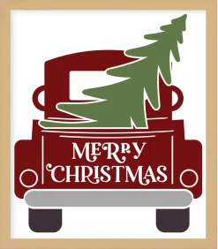 Red Christmas Truck 10.5" x 11.5" Framed Christmas Wall Decor Art Print Sign Poster in a Natural Wooden Frame with UV Acrylic and Hangers