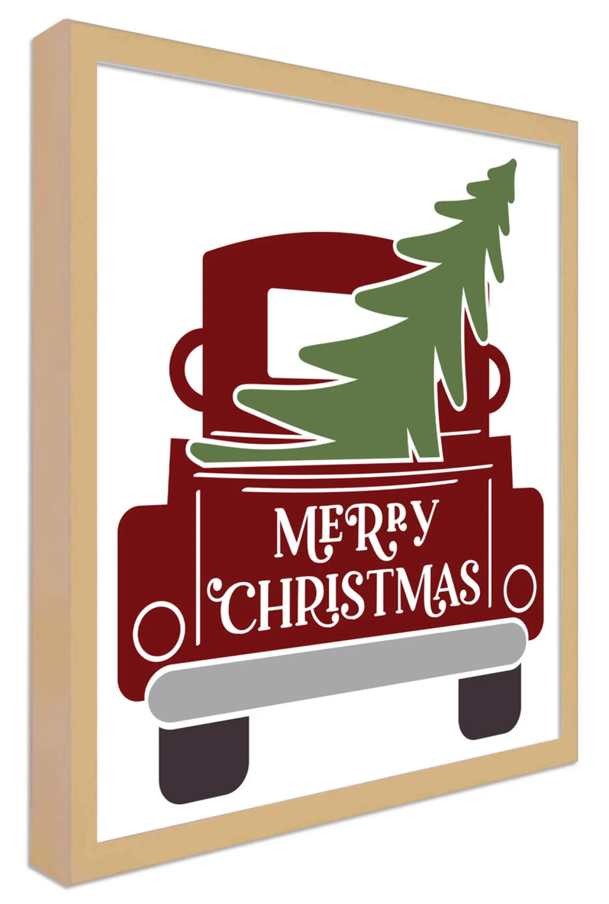 Red Christmas Truck 10.5" x 11.5" Framed Christmas Wall Decor Art Print Sign Poster in a Natural Wooden Frame with UV Acrylic and Hangers