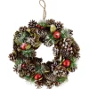 Red Ornament with Frosted Pinecone and Pine Needle Christmas Wreath, 13.5-Inch, Unlit