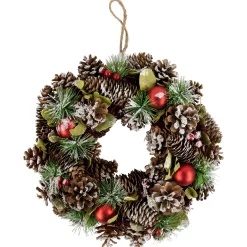 Red Ornament with Frosted Pinecone and Pine Needle Christmas Wreath, 13.5-Inch, Unlit