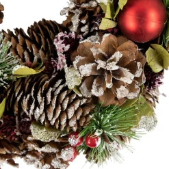 Red Ornament with Frosted Pinecone and Pine Needle Christmas Wreath, 13.5-Inch, Unlit