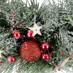 Red Ornaments, Pine Needle and Stars Frosted Christmas Wreath, 13.75-Inch