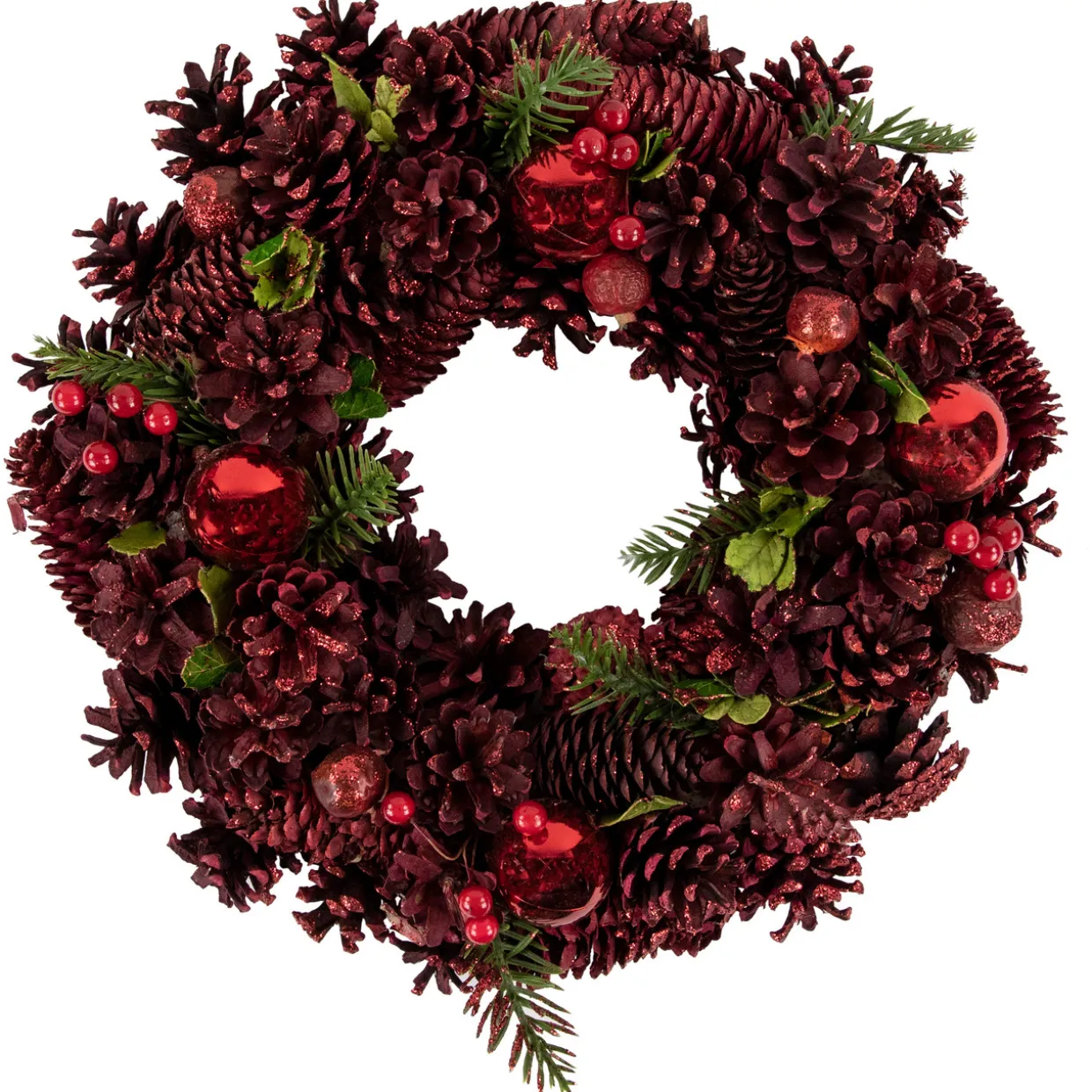 Red Pinecone, Berry and Ornament Christmas Wreath, 13.5-Inch, Unlit
