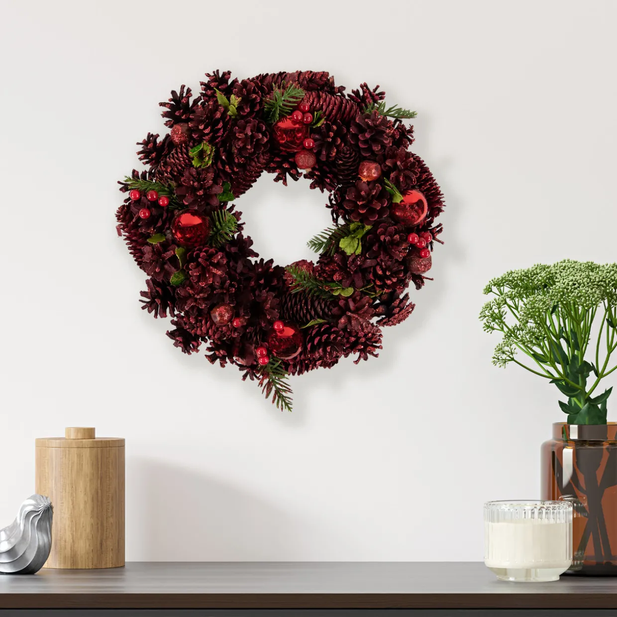 Red Pinecone, Berry and Ornament Christmas Wreath, 13.5-Inch, Unlit