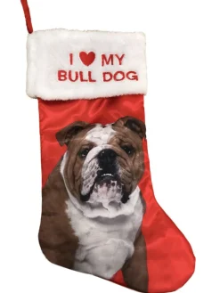 Red Satin I Love My Bull Dog Christmas Holiday Stocking