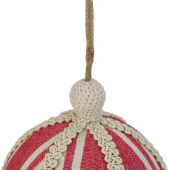 Red Striped and Ribboned Christmas Ball Ornament 6.75