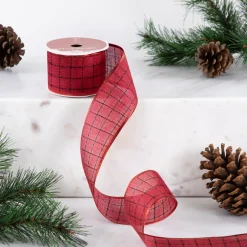 Red Woven Square Plaid Wired Craft Christmas Ribbon 2.5" x 10 Yards
