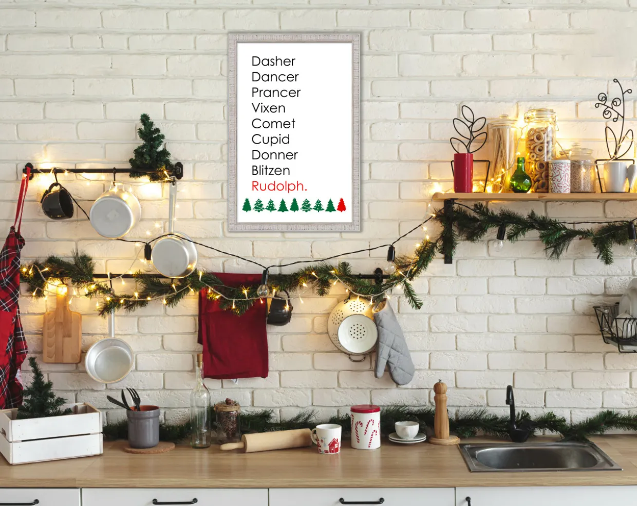 Reindeer Names 15.5" x 21.5" Framed Christmas Wall Decor Art Print Sign Poster in a White Wooden Frame with UV Acrylic and Hangers