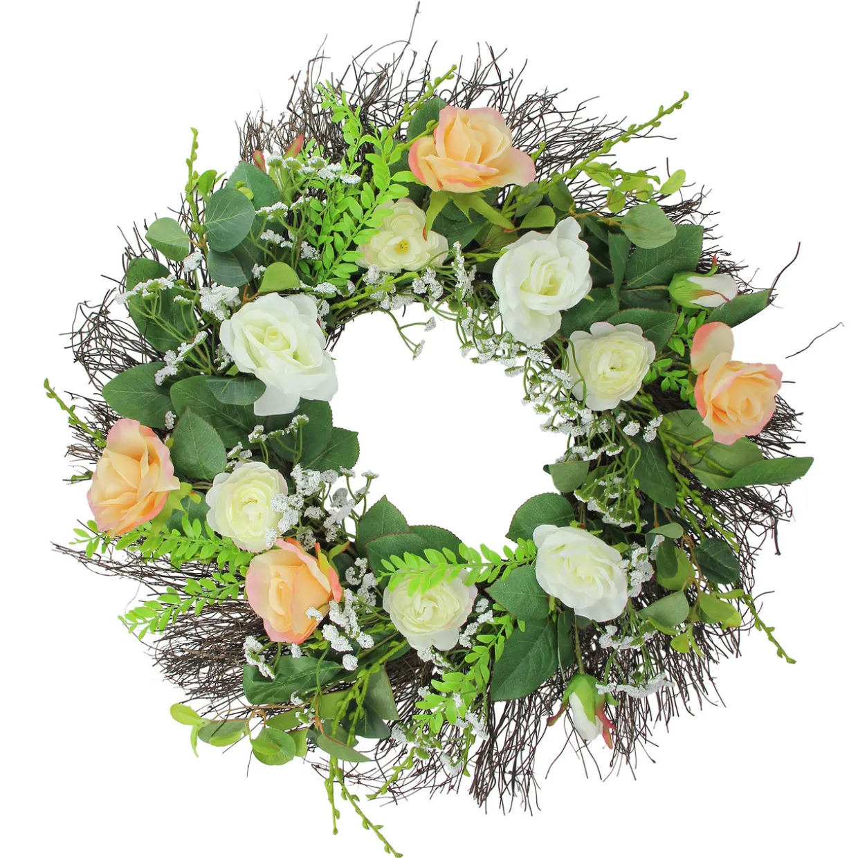 Rose and Foliage Artificial Spring Wreath - 24-Inch, Unlit