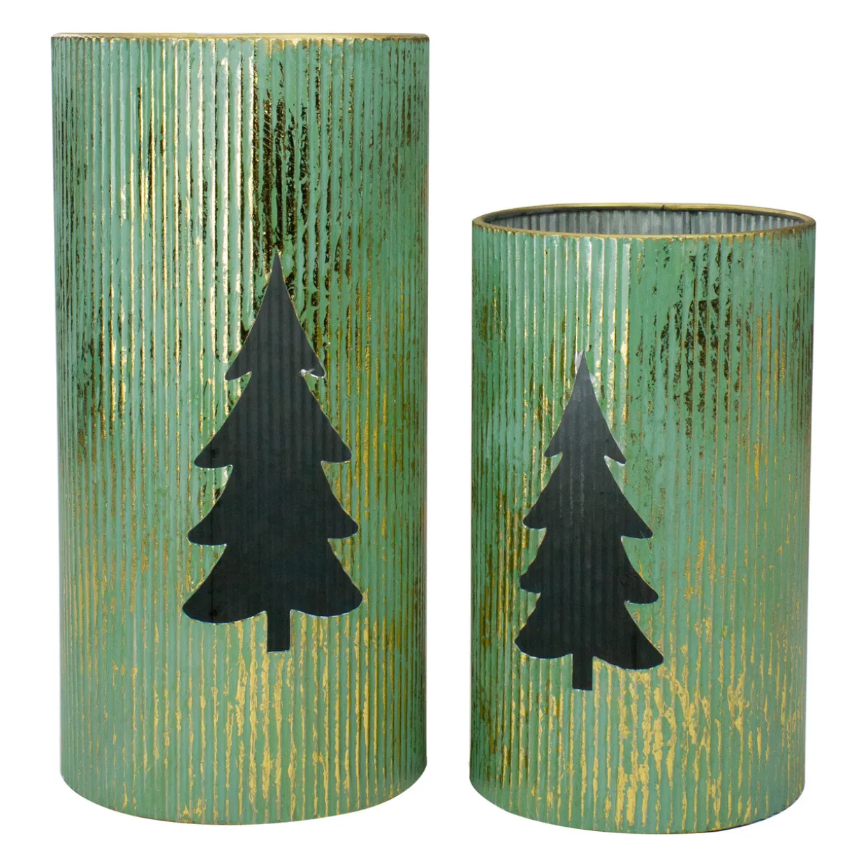 Rustic Christmas Tree Candle Lanterns - 12" - Green and Gold - Set of 2