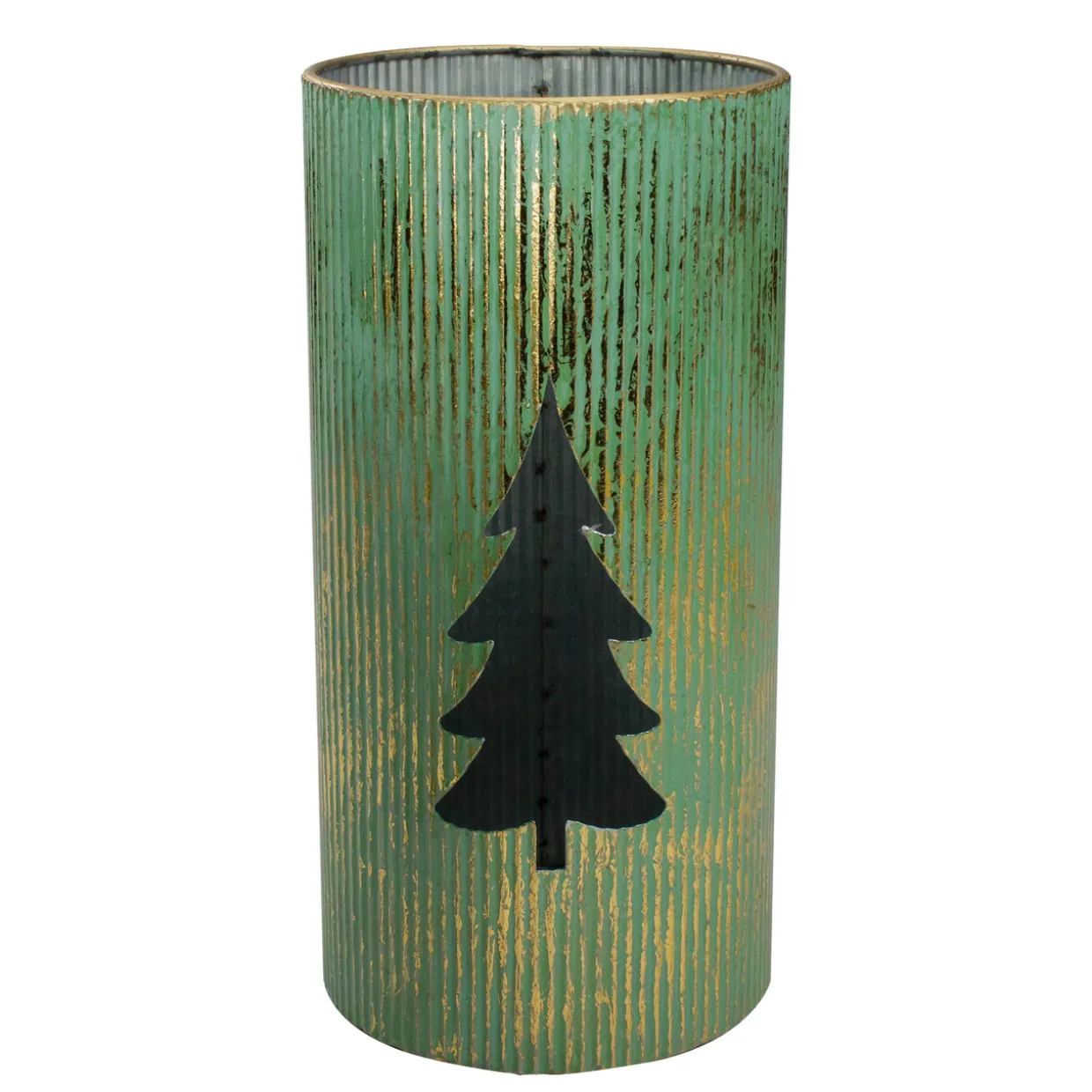 Rustic Christmas Tree Candle Lanterns - 12" - Green and Gold - Set of 2