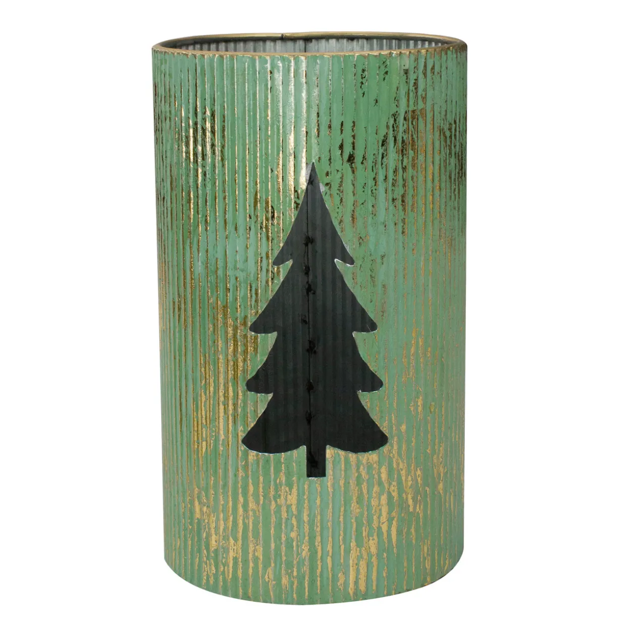 Rustic Christmas Tree Candle Lanterns - 12" - Green and Gold - Set of 2