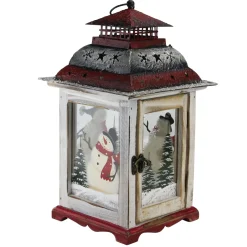 Rustic Snowman Christmas Scene Candle Lantern - 14.5" - Red and White