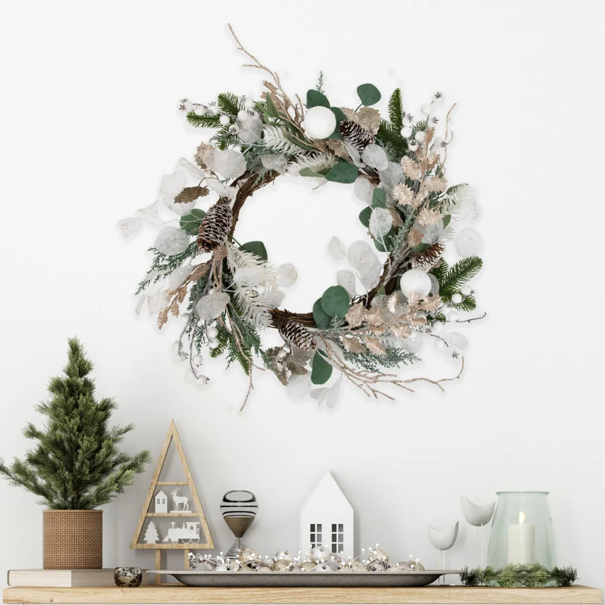 Sage Green and White Artificial Christmas Wreath, 24-Inch, Unlit