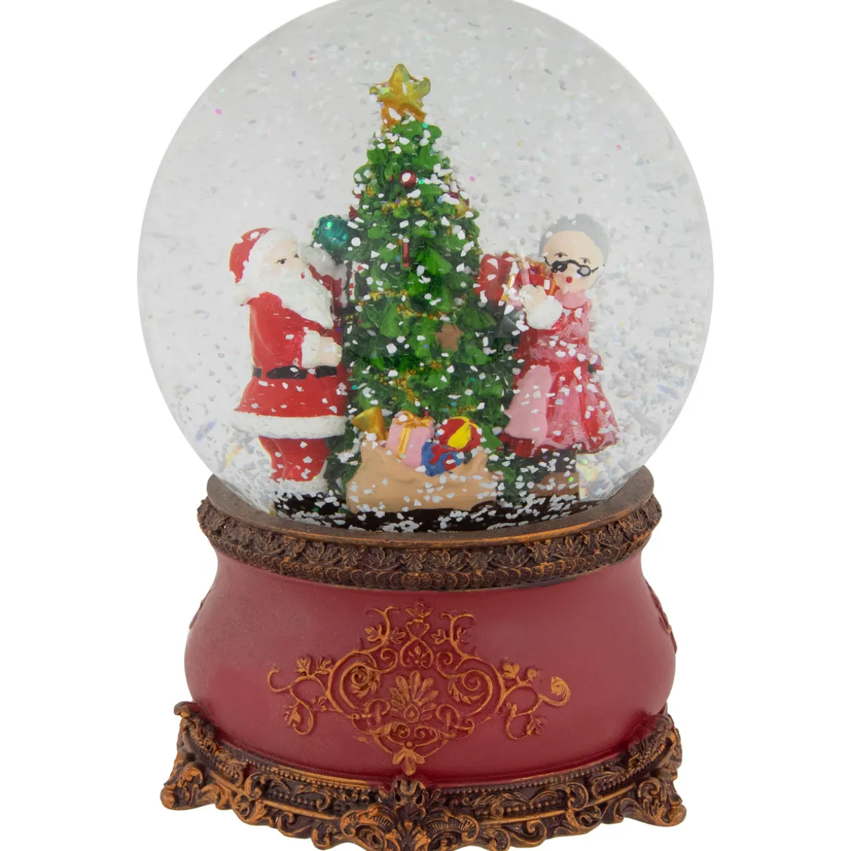 Santa and Mrs. Claus Decorating Christmas Tree Musical Snow Globe - 6"