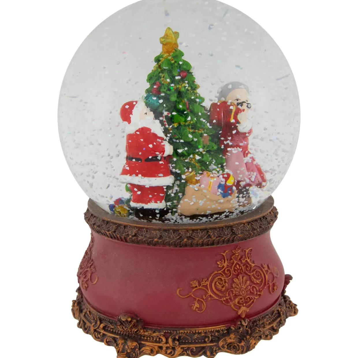 Santa and Mrs. Claus Decorating Christmas Tree Musical Snow Globe - 6"