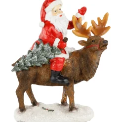 Santa Claus on a Reindeer Holding a Frosted Pine Tree Christmas Figurine - 8.25