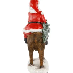 Santa Claus on a Reindeer Holding a Frosted Pine Tree Christmas Figurine - 8.25