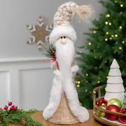 Santa Gnome Holding Pine Sprigs in Plush Winter Hat Christmas Figure - 19"