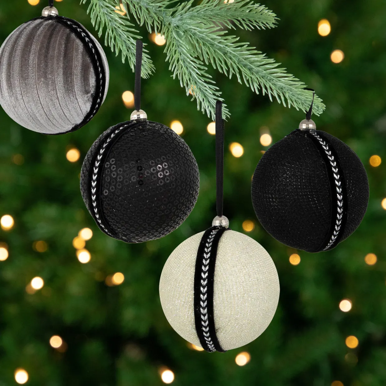 Sequin and Glitter Christmas Ball Ornaments with Ribbon - 2.75" - Black - Set of 4