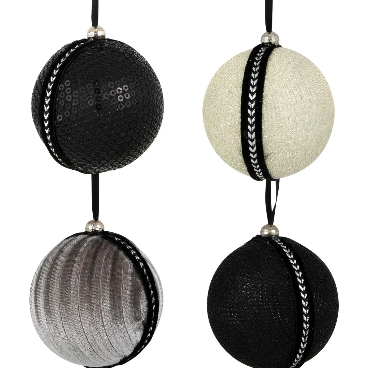 Sequin and Glitter Christmas Ball Ornaments with Ribbon - 2.75" - Black - Set of 4