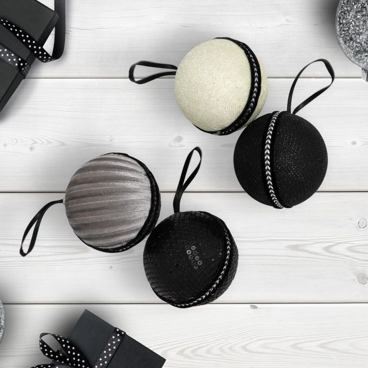 Sequin and Glitter Christmas Ball Ornaments with Ribbon - 2.75" - Black - Set of 4