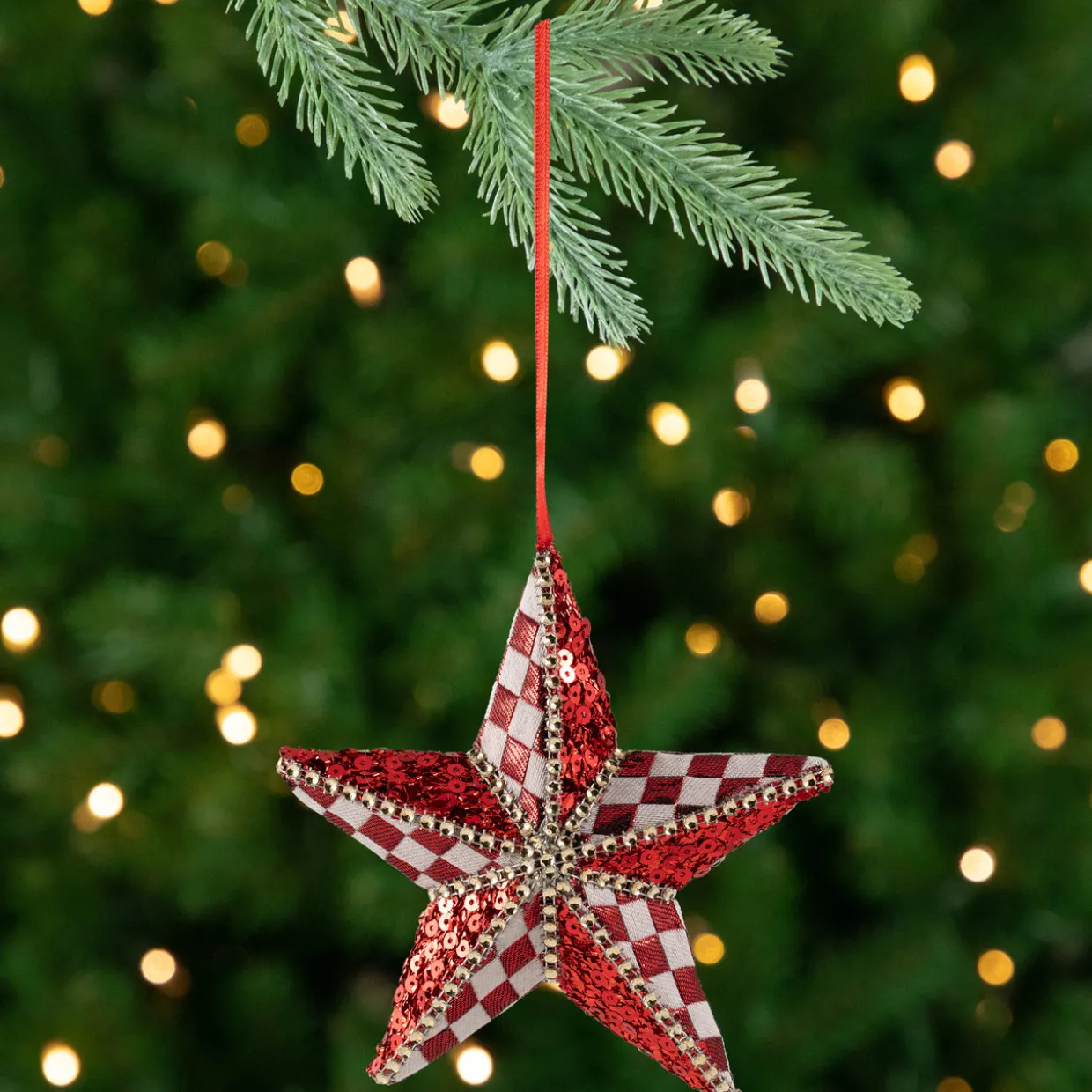 Sequined and Checkered Star Christmas Ornament - 6" - Red