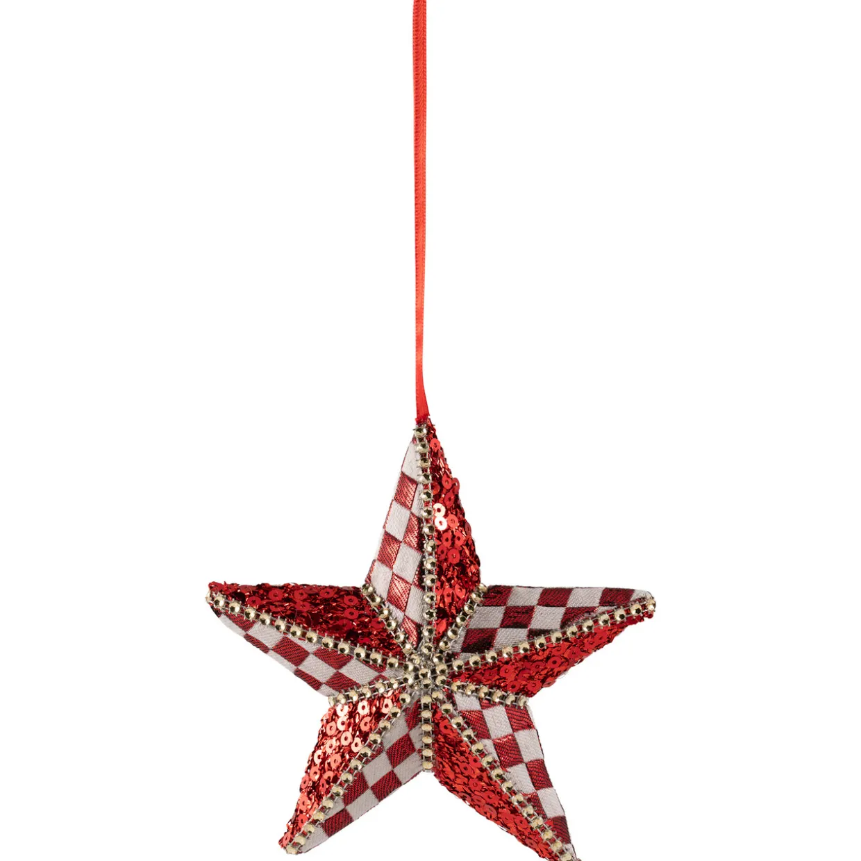 Sequined and Checkered Star Christmas Ornament - 6" - Red