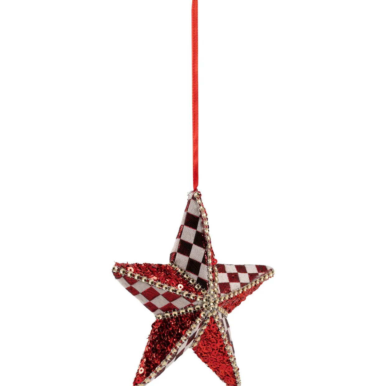 Sequined and Checkered Star Christmas Ornament - 6" - Red