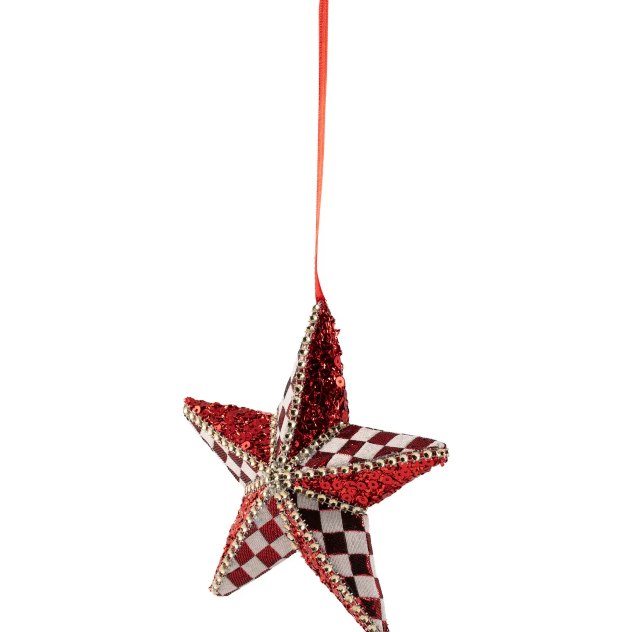 Sequined and Checkered Star Christmas Ornament - 6" - Red