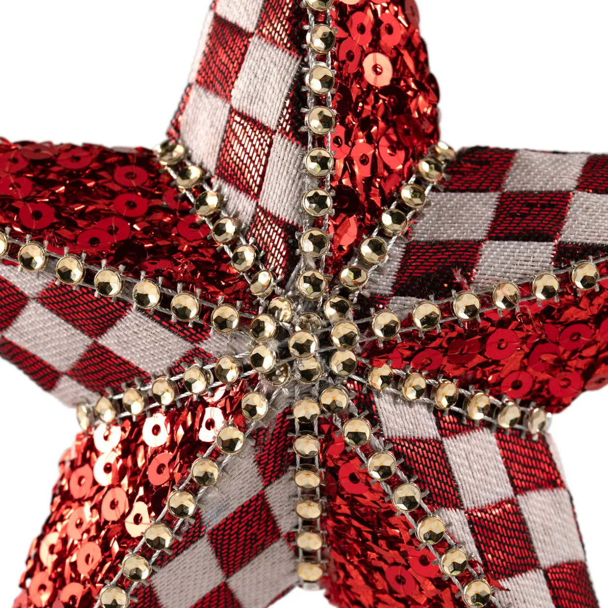 Sequined and Checkered Star Christmas Ornament - 6" - Red