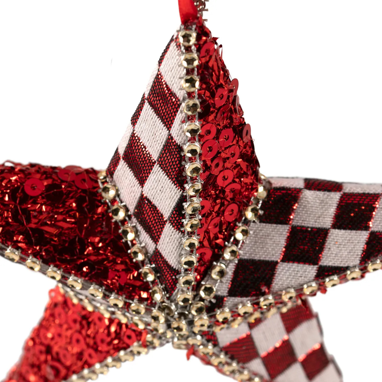 Sequined and Checkered Star Christmas Ornament - 6" - Red