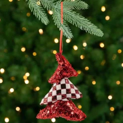 Sequined and Checkered Tree Christmas Ornaments - 5" - Red - Set of 2