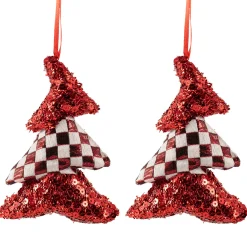 Sequined and Checkered Tree Christmas Ornaments - 5" - Red - Set of 2