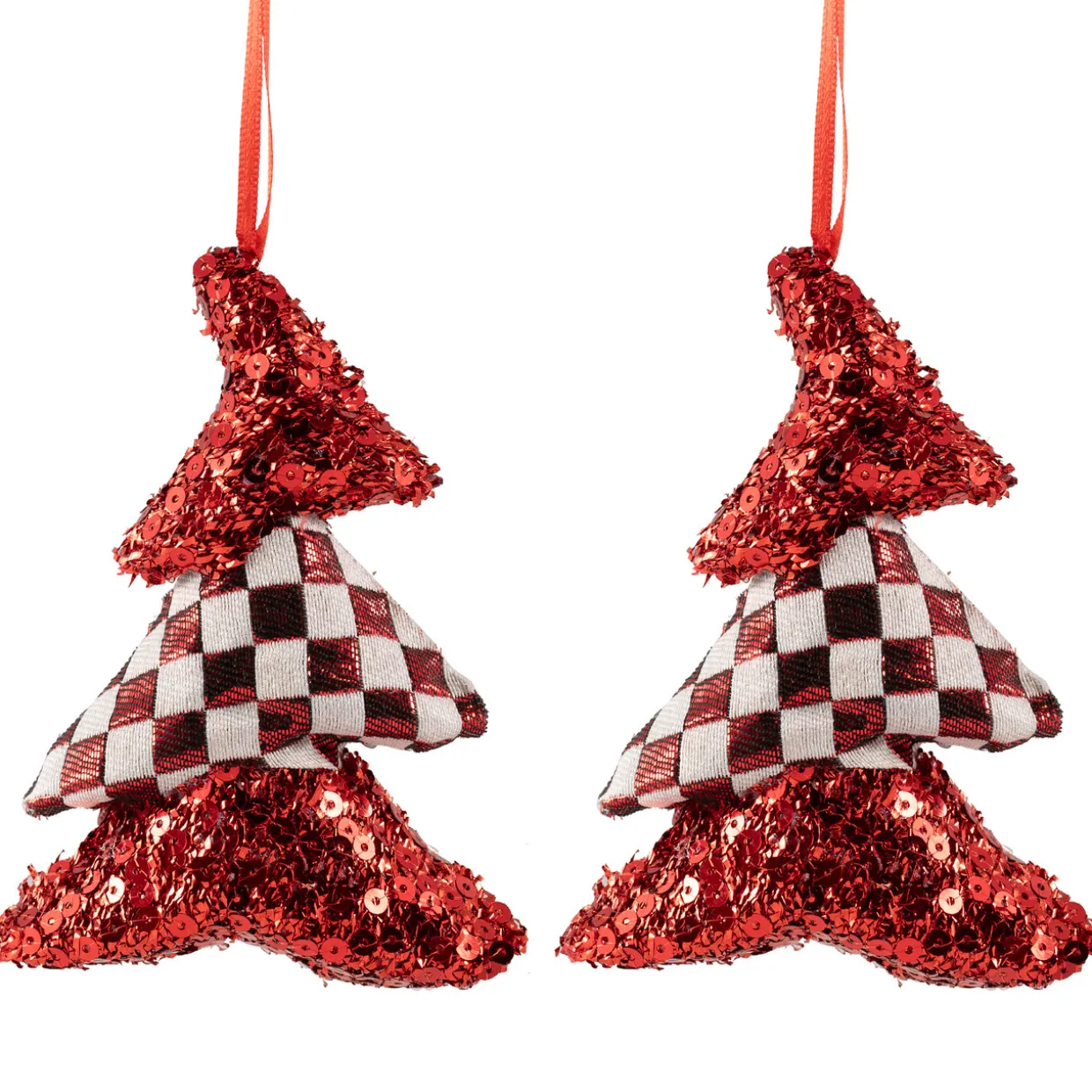 Sequined and Checkered Tree Christmas Ornaments - 5" - Red - Set of 2