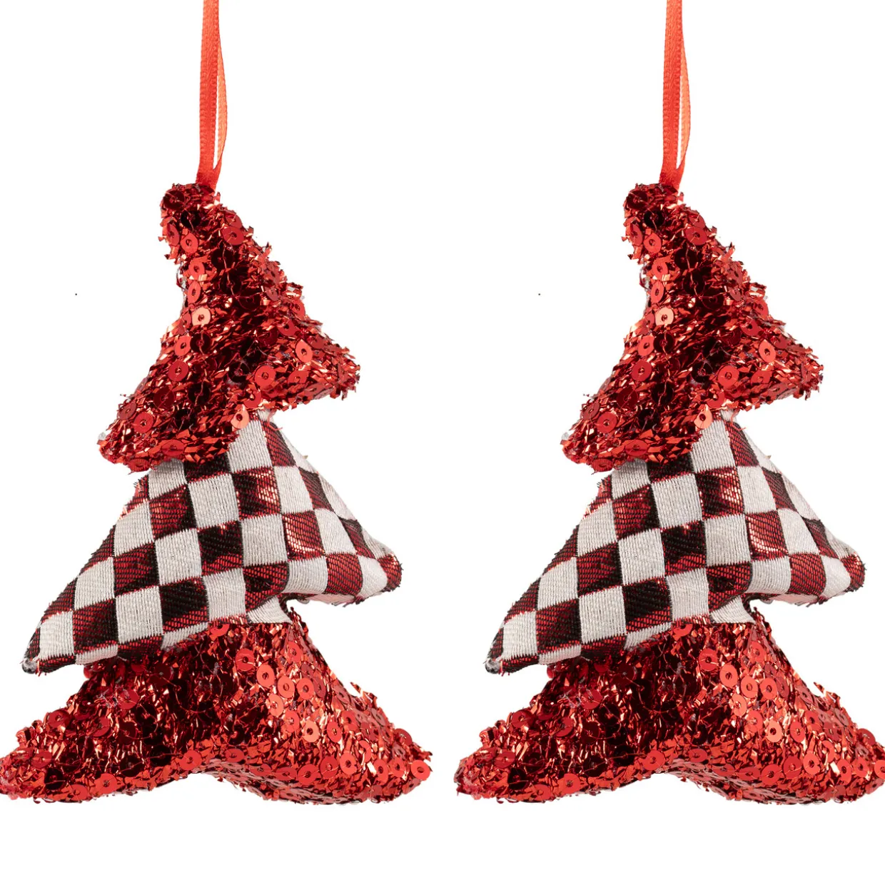 Sequined and Checkered Tree Christmas Ornaments - 5" - Red - Set of 2