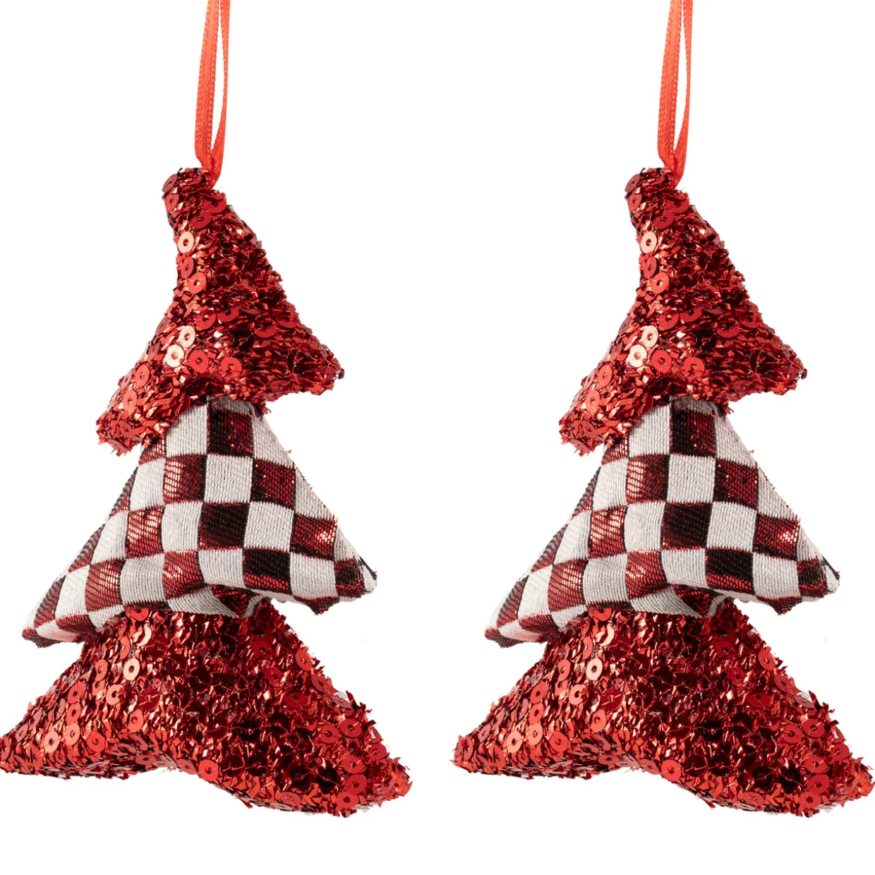 Sequined and Checkered Tree Christmas Ornaments - 5" - Red - Set of 2