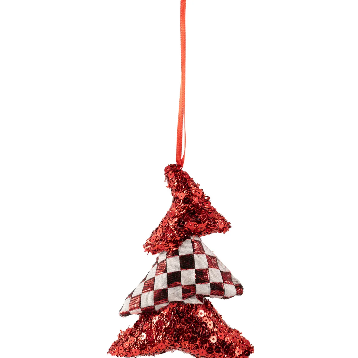 Sequined and Checkered Tree Christmas Ornaments - 5" - Red - Set of 2