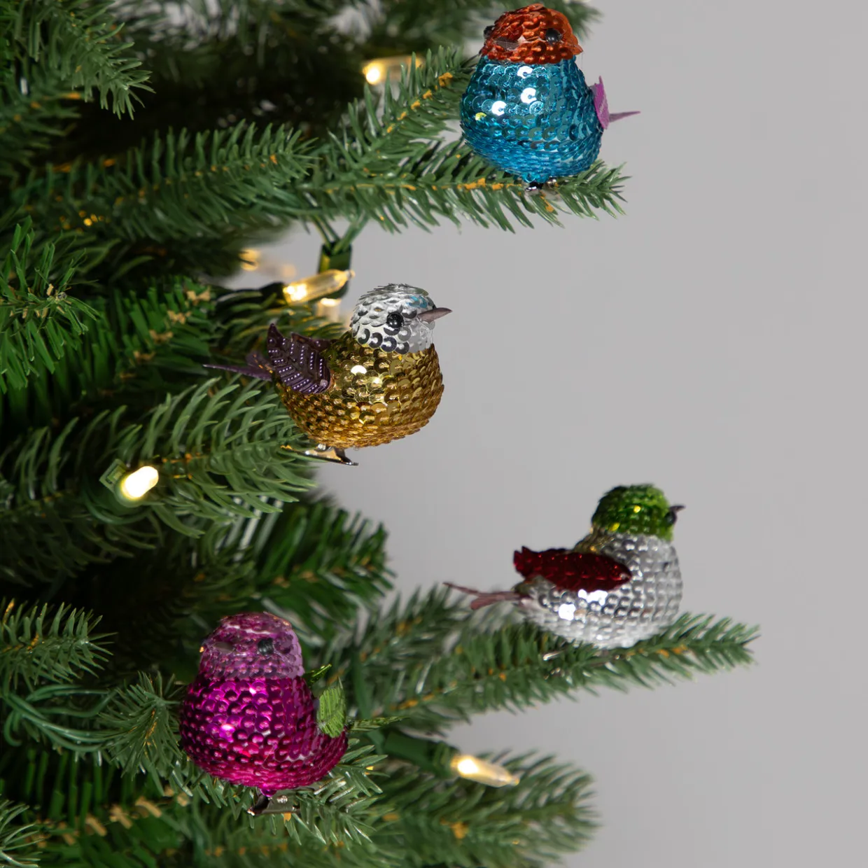 Sequined Birds Clip-On Christmas Ornaments - 2.75" - Set of 8