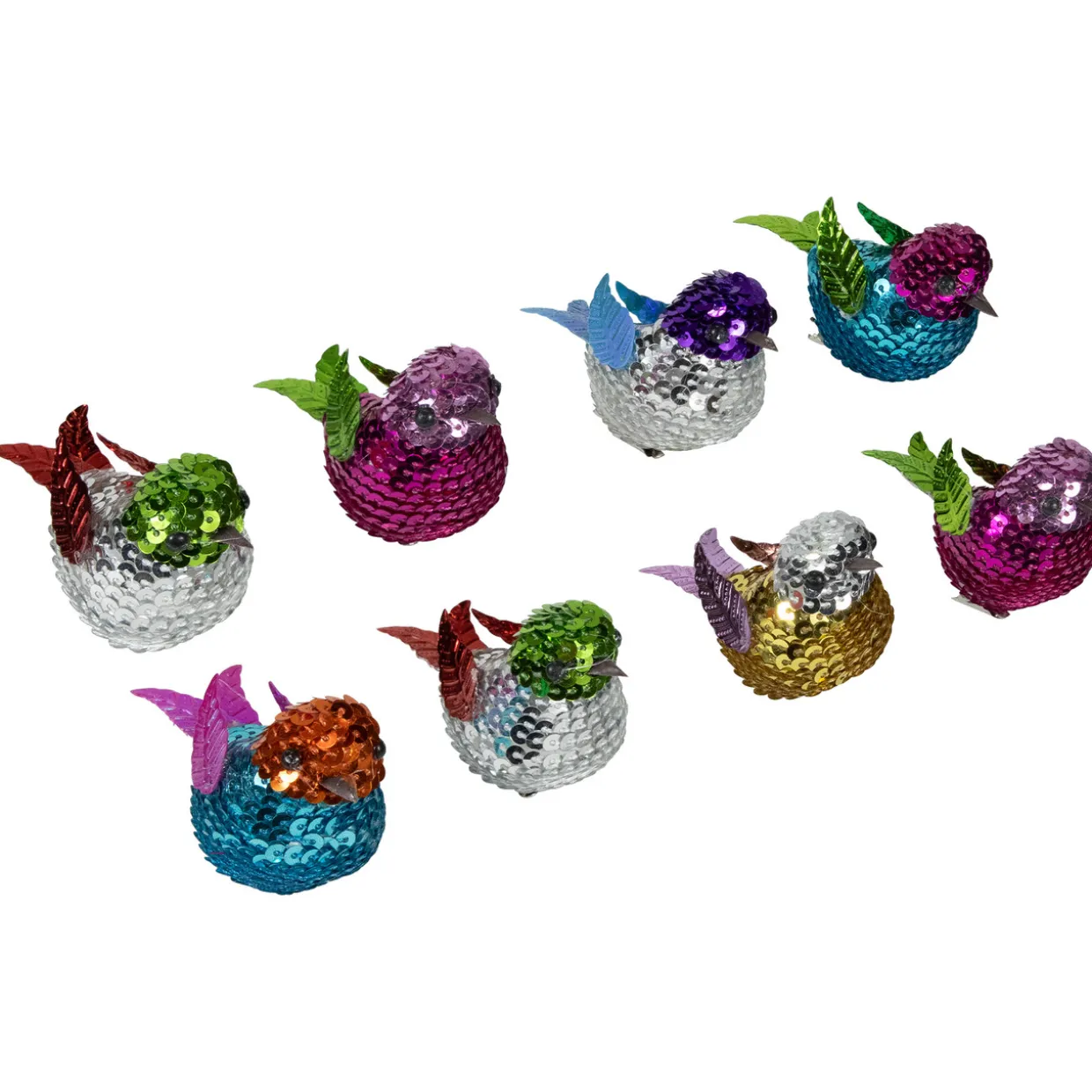 Sequined Birds Clip-On Christmas Ornaments - 2.75" - Set of 8